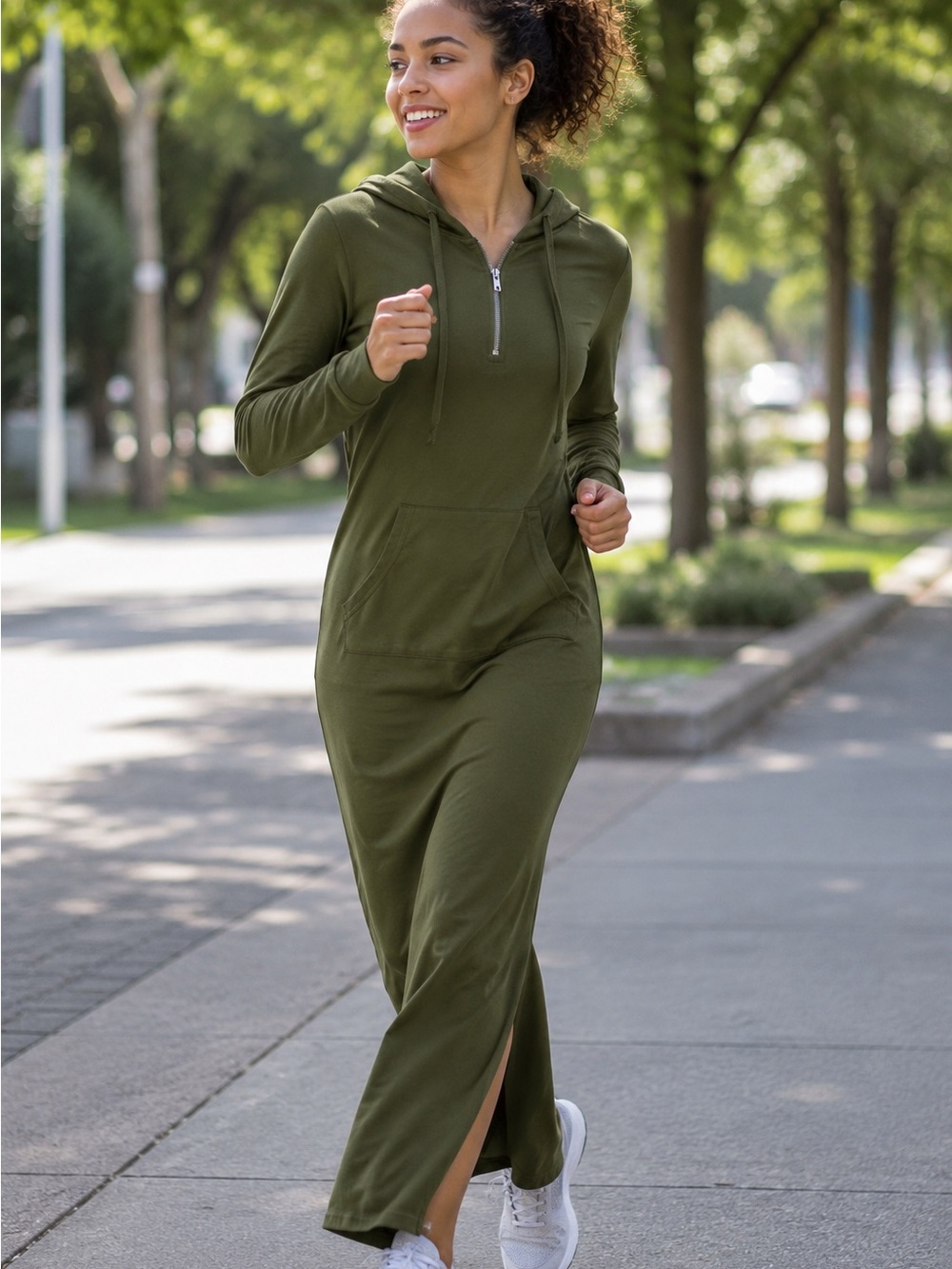 Olive Green Long Sleeve Hooded Maxi Dress